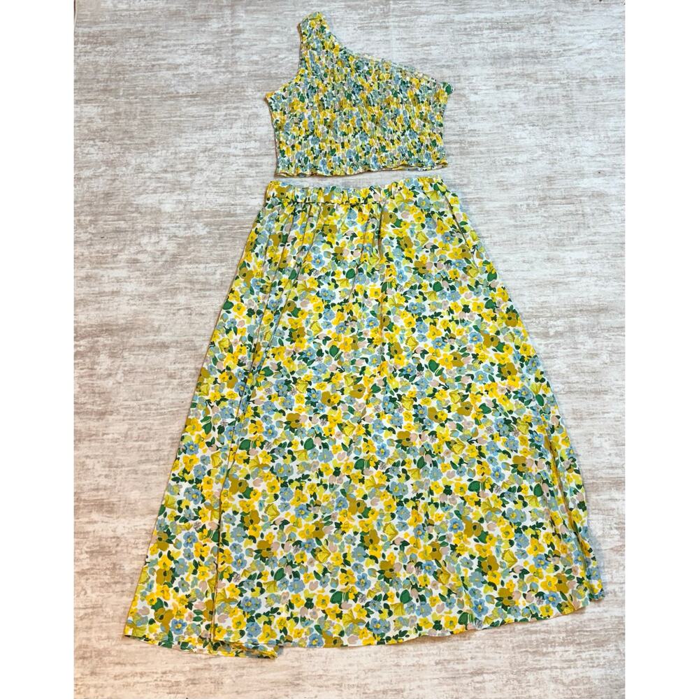 BTFBM Women’s XL Floral 2 Piece Set Midi Skirt One Shoulder Ruched Crop Top Vac